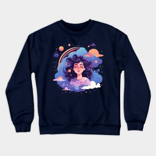 Woman with sweet dreams concept Young girl with galaxy and universe at hairs Crewneck Sweatshirt